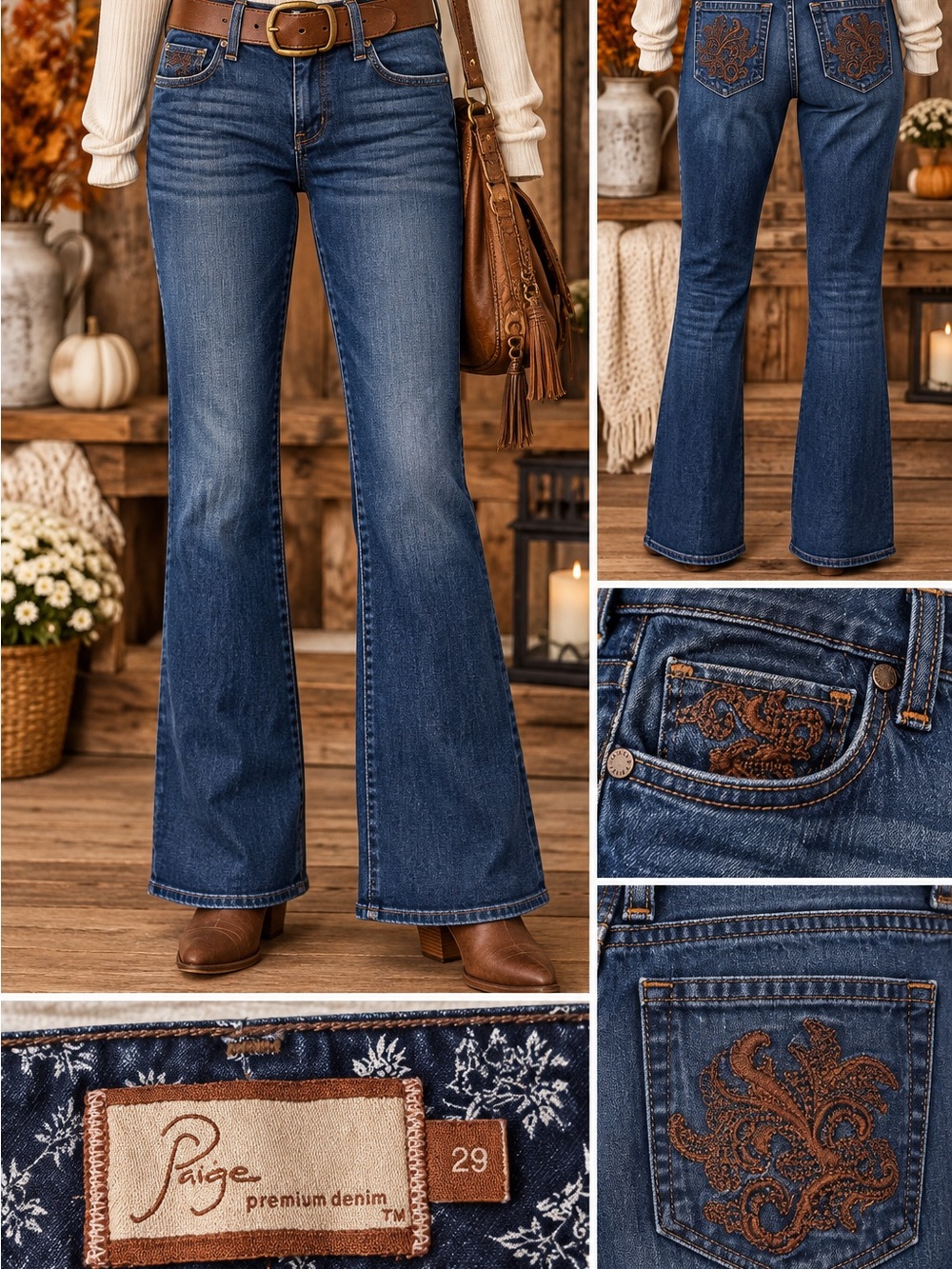 Paige Premium Denim Jeans 29 Dark Wash Bootcut Flare Embroidered Pocket Y2K